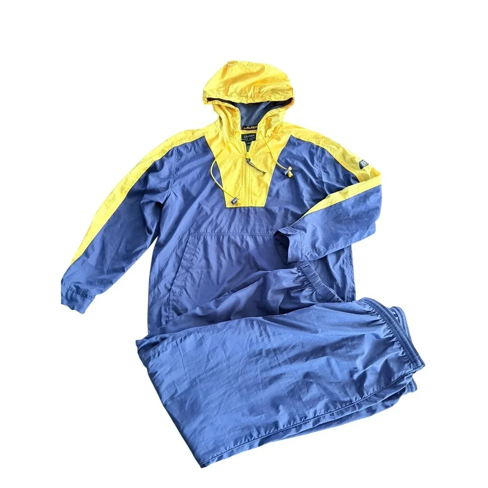 Ralph Lauren Windbreaker Tracksuit Jacket Pant 90s Jogger Set Petite Blue Yellow